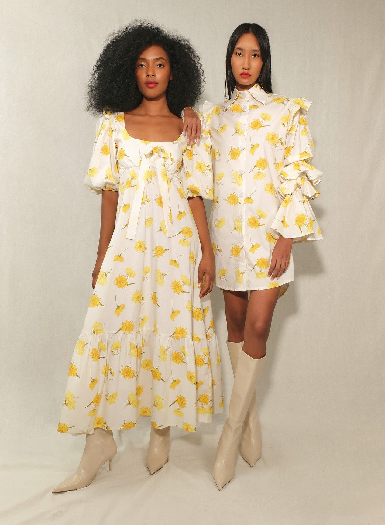 Floral Puff-Sleeve Bow-Front Maxi Dress – Cielo (Maxi Daisy Print)