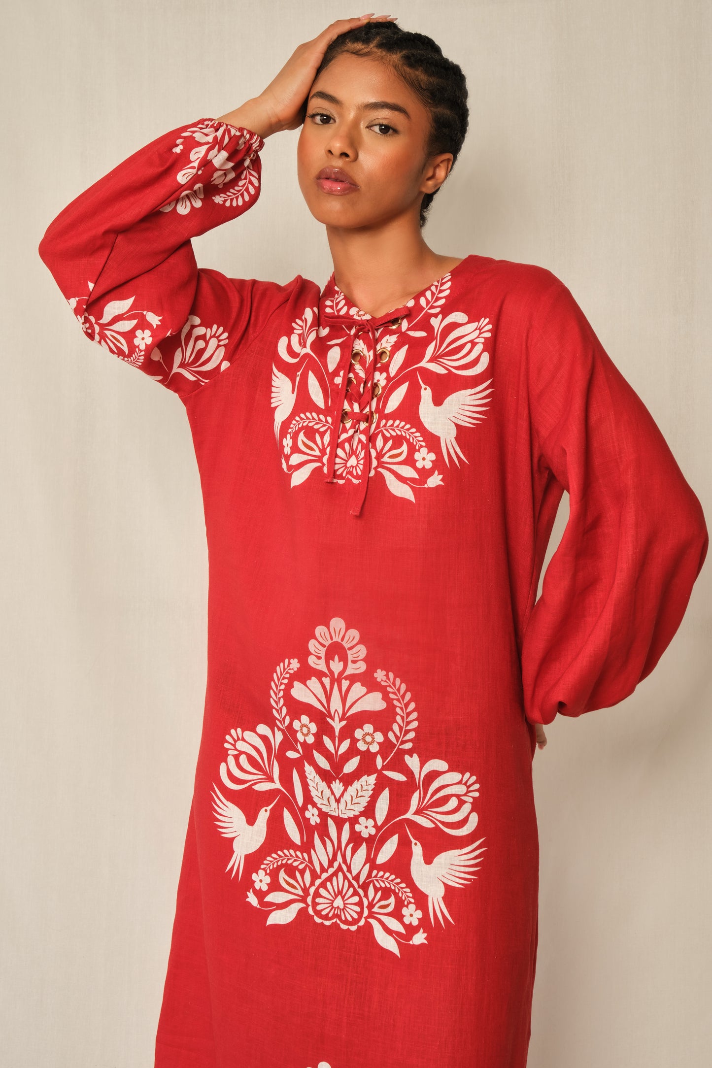 The Code Column Dress in Cotton Linen – Folk Print Red