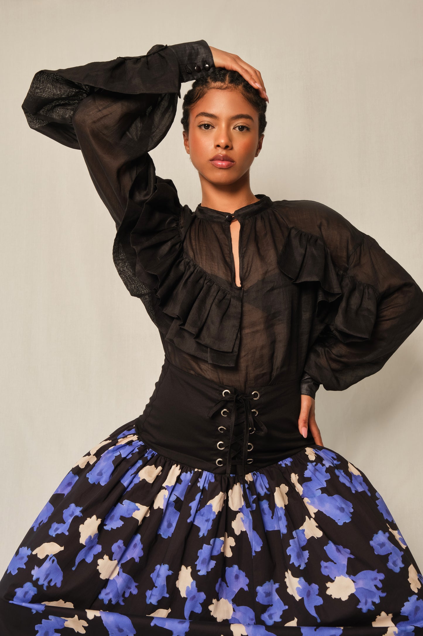 Corset-Waist Maxi Skirt – Sentinel in Jacaranda Print