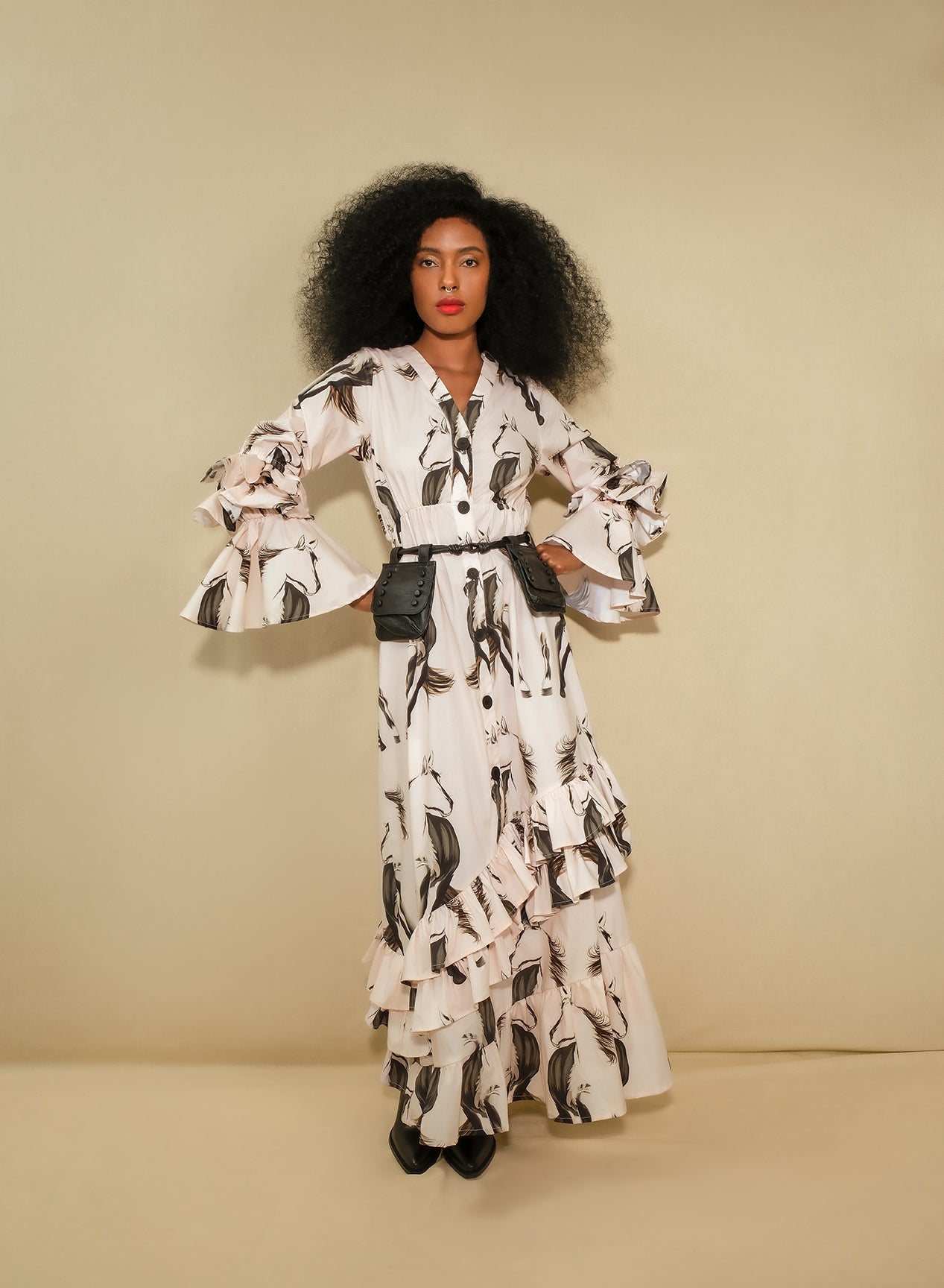 Gaucho Ruffle-Sleeve Poplin Maxi Shirt Dress – Horse Print
