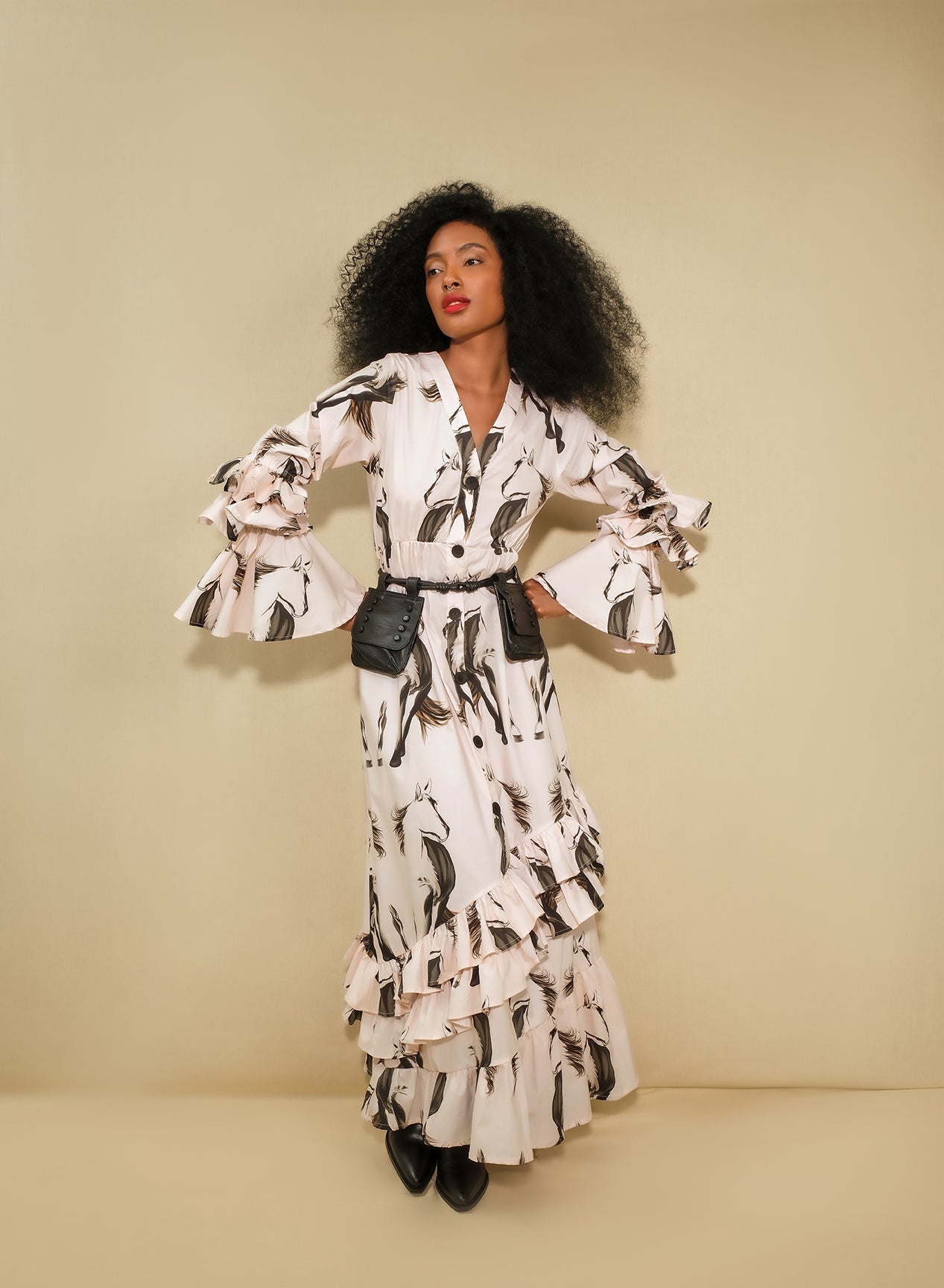 Gaucho Ruffle-Sleeve Poplin Maxi Shirt Dress – Horse Print