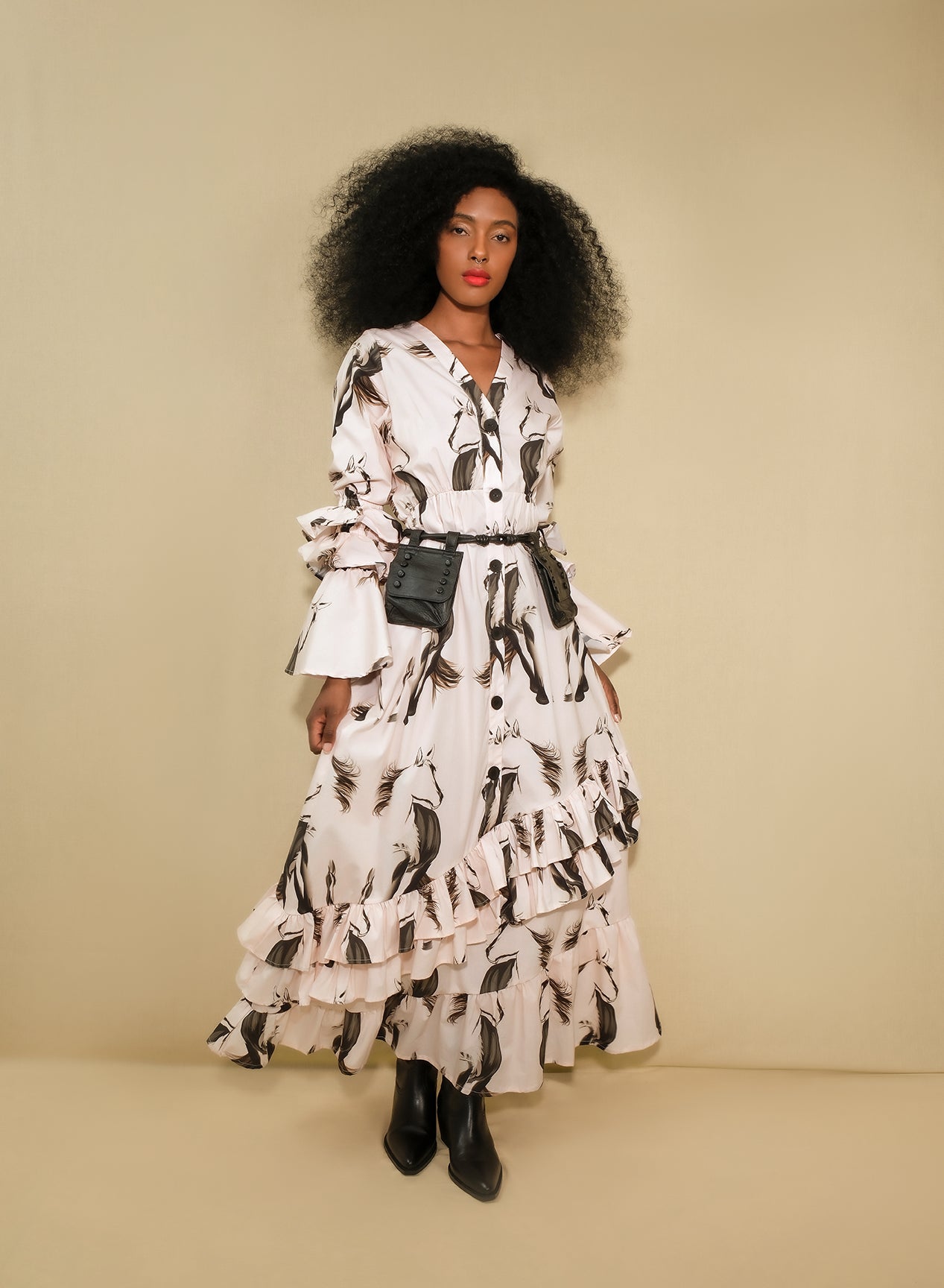 Gaucho Ruffle-Sleeve Poplin Maxi Shirt Dress – Horse Print
