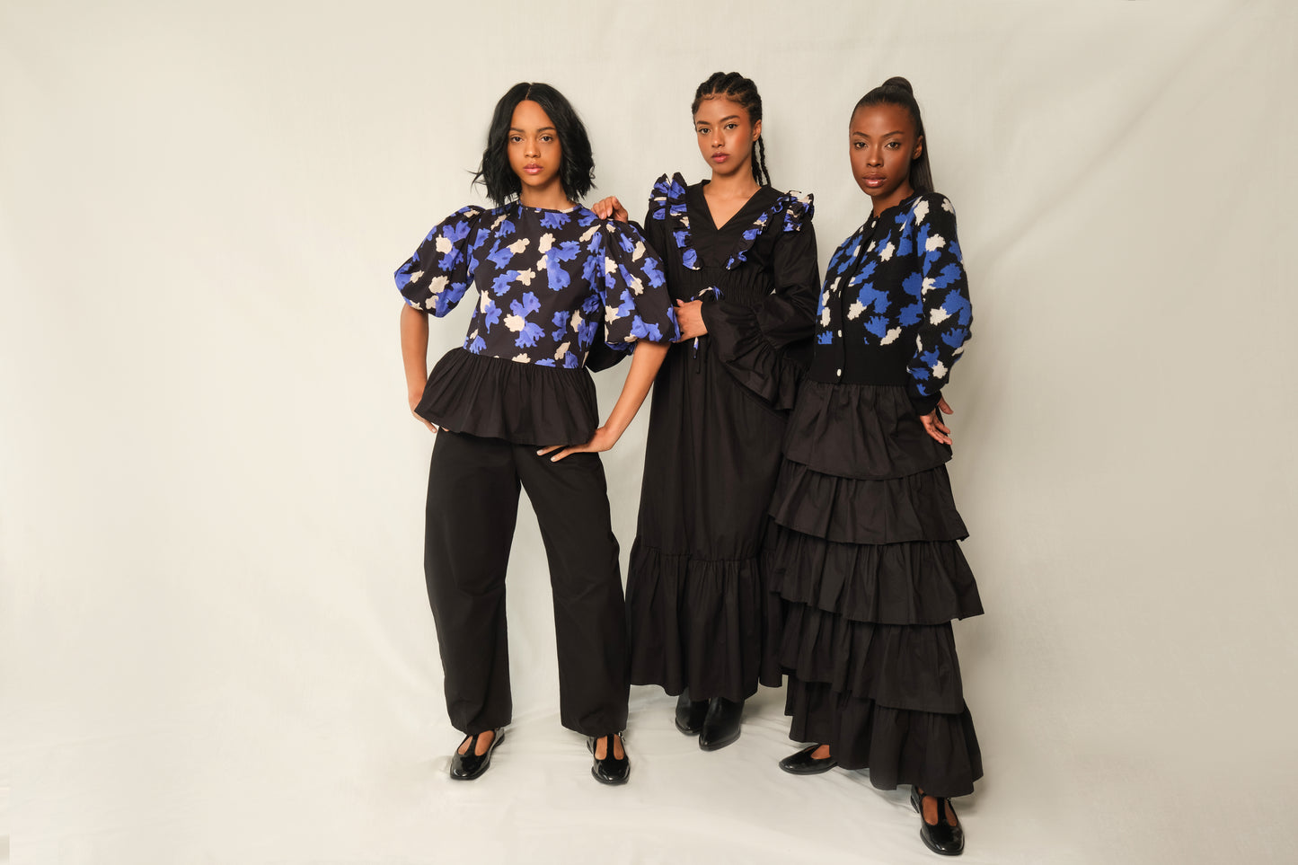 Ruffle V-Neck Maxi Dress – Chaos Petal in Black Jacaranda