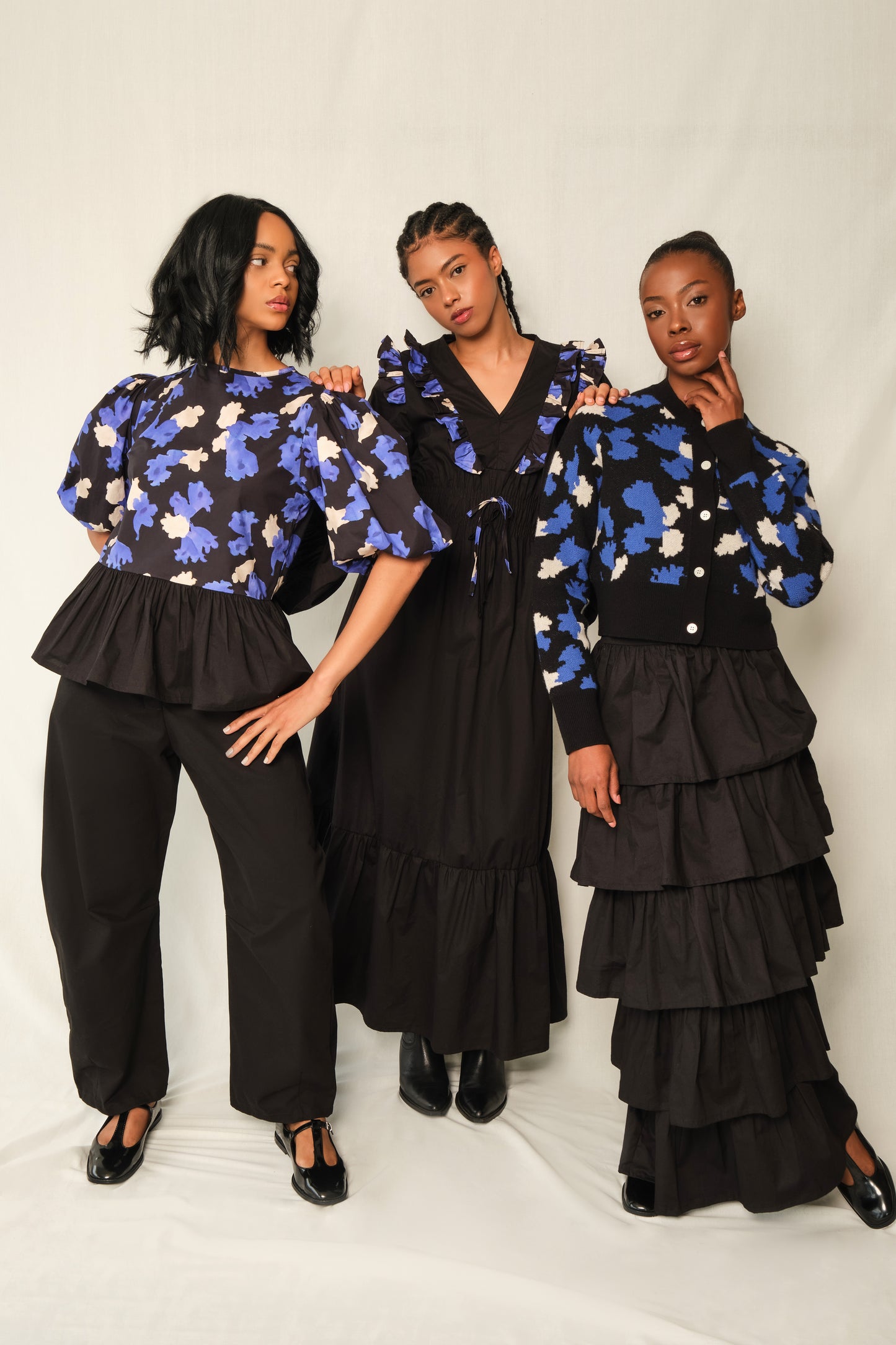Ruffle V-Neck Maxi Dress – Chaos Petal in Black Jacaranda