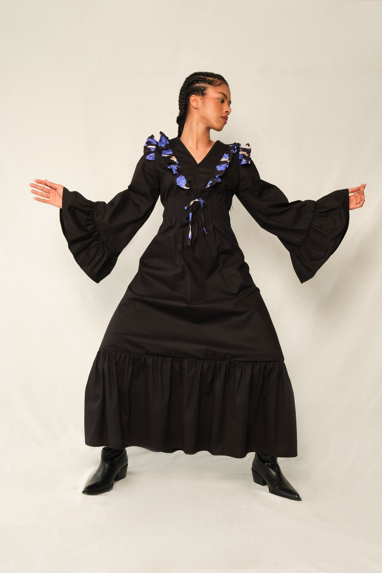 Ruffle V-Neck Maxi Dress – Chaos Petal in Black Jacaranda