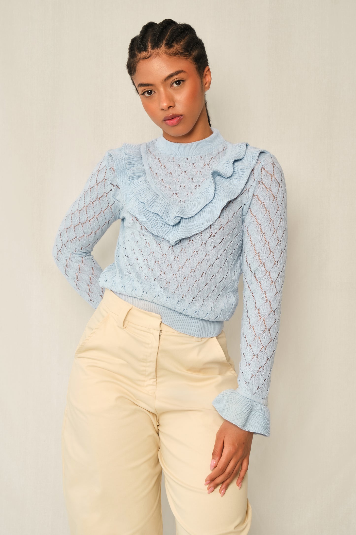 Quiet Storm Sweater – Light-Blue Pointelle Ruffle Knit