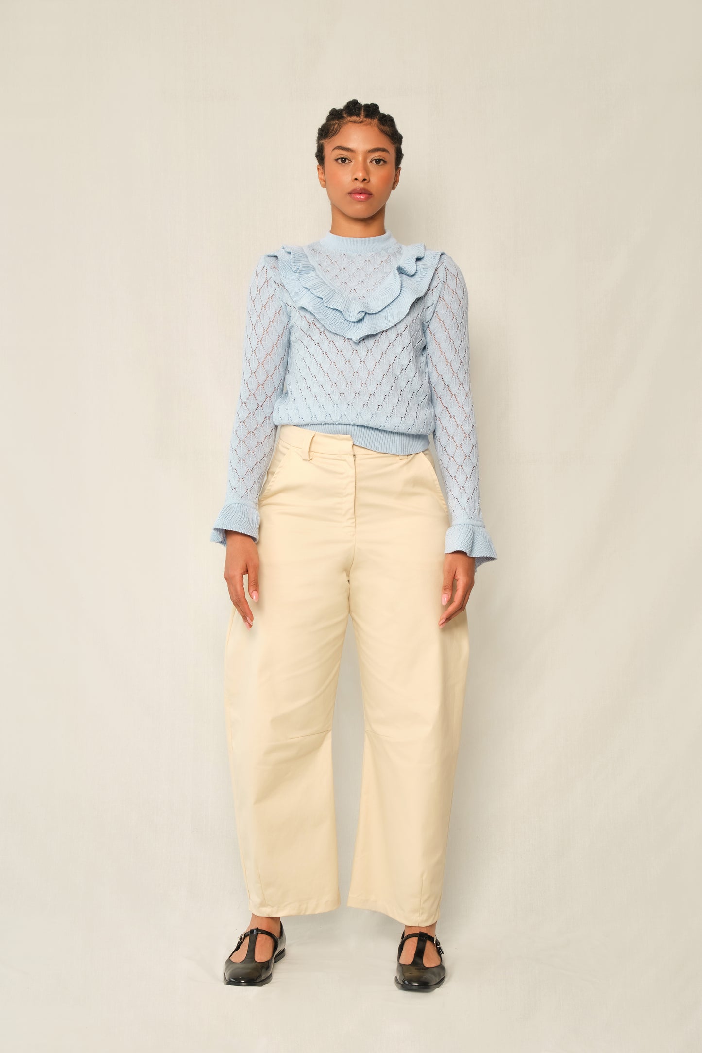 Quiet Storm Sweater – Light-Blue Pointelle Ruffle Knit