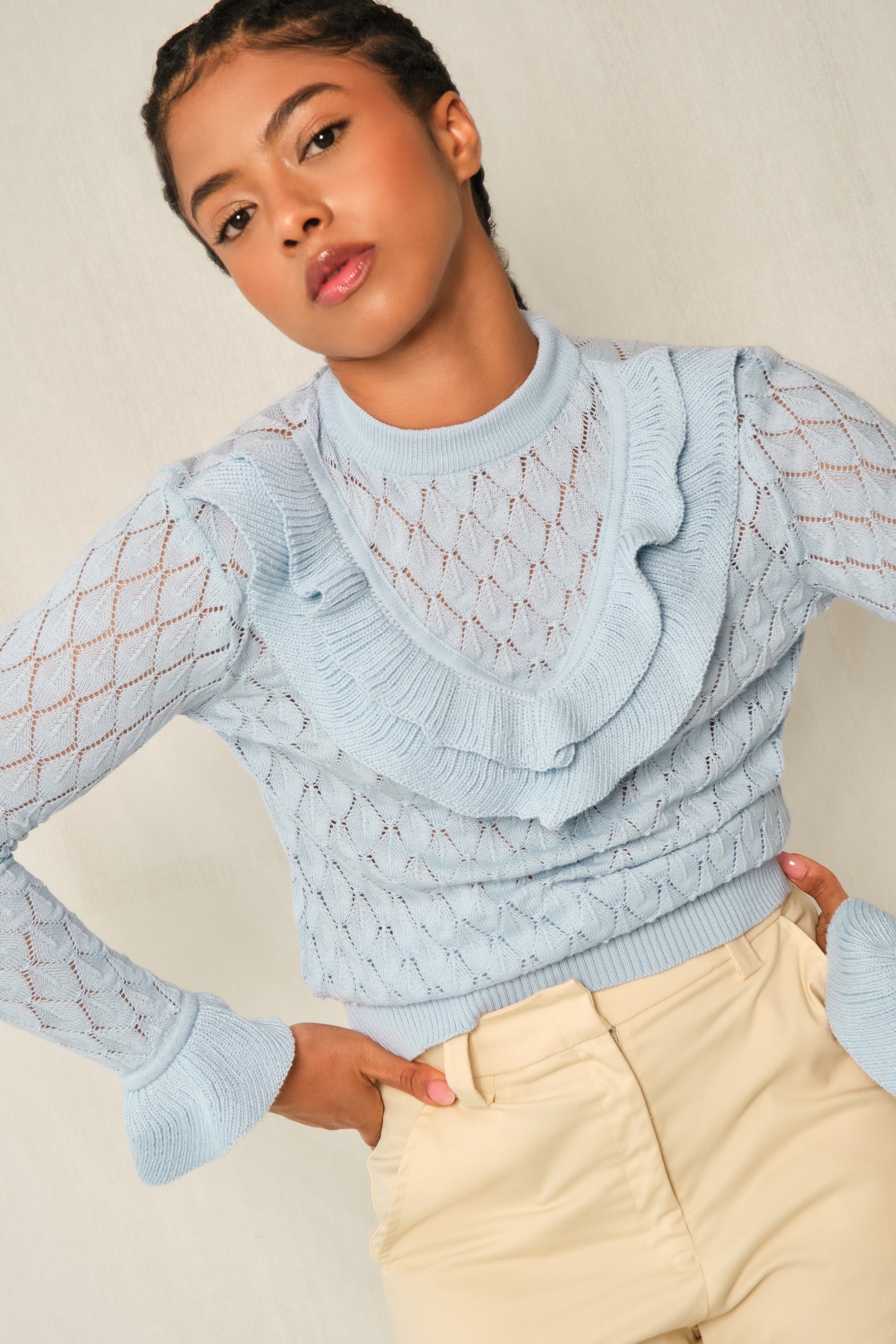 Quiet Storm Sweater – Light-Blue Pointelle Ruffle Knit