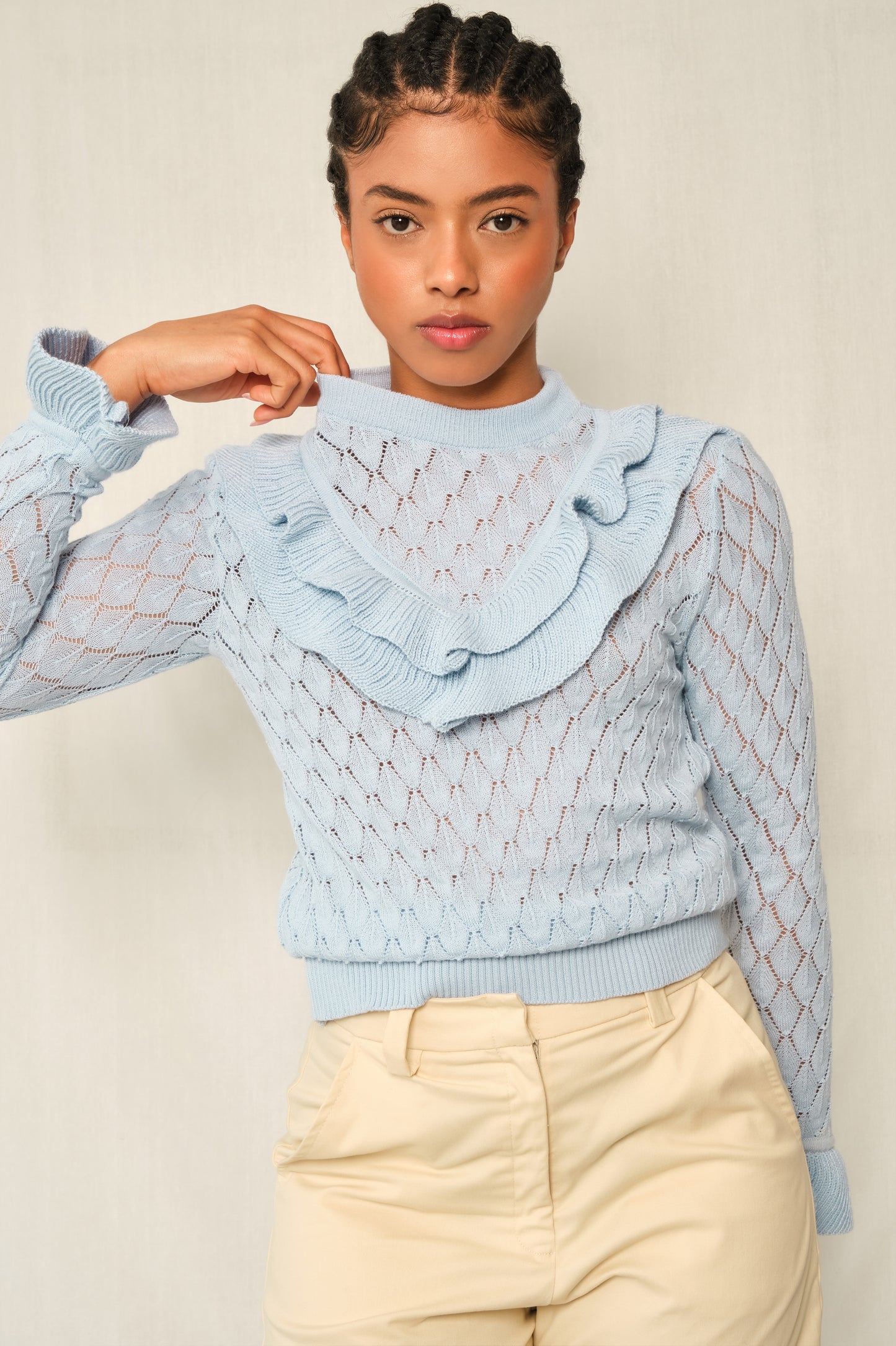 Quiet Storm Sweater – Light-Blue Pointelle Ruffle Knit