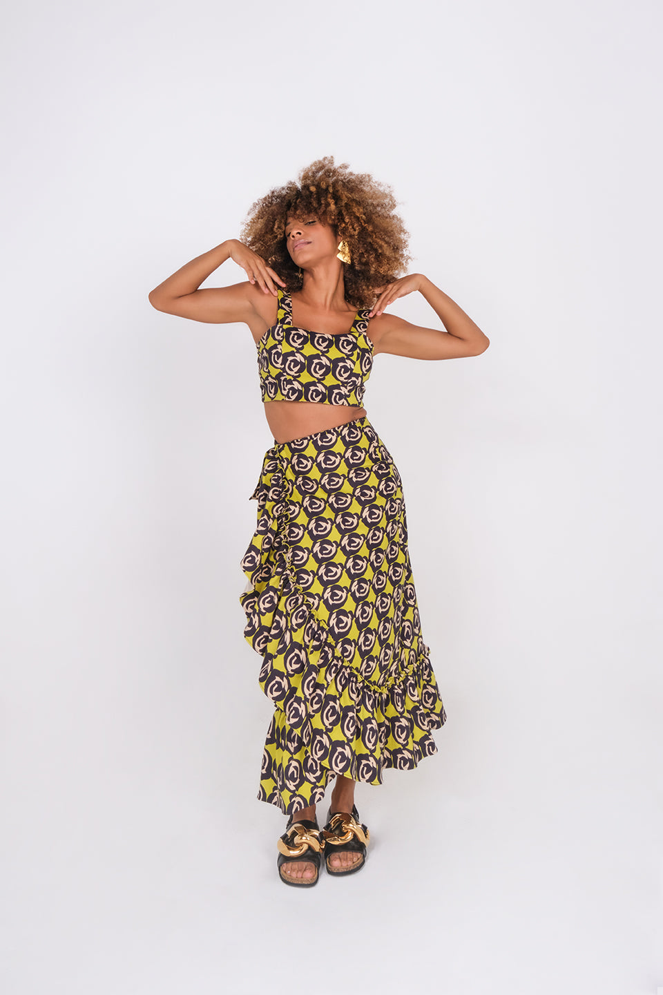 España Skirt - Black and Lime Mini Roses