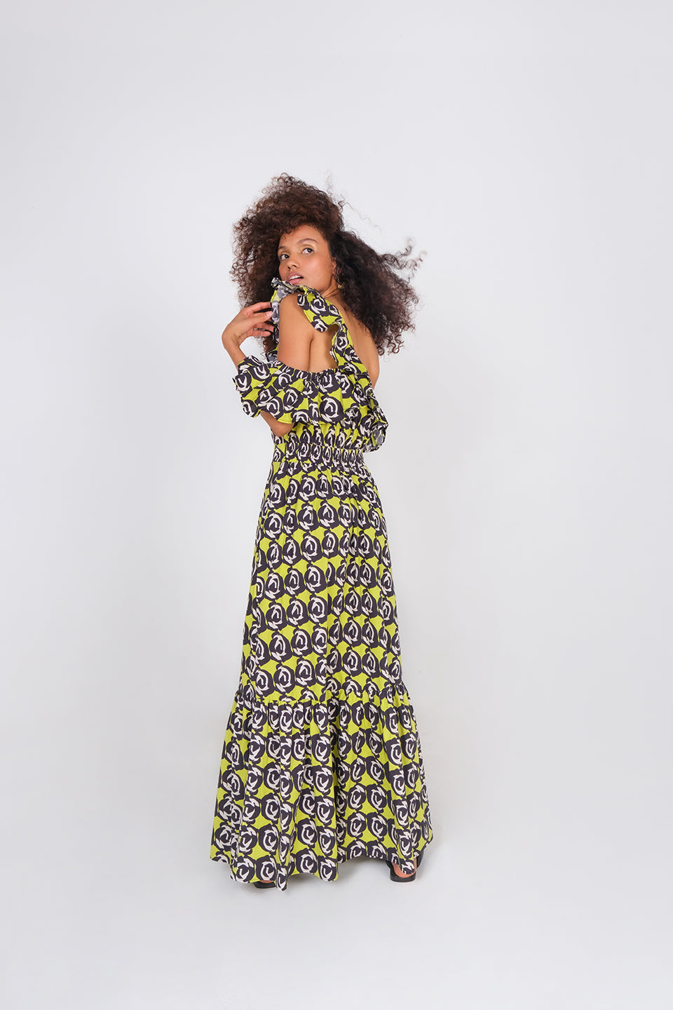 Benin Dress - Black Lime Mini Roses