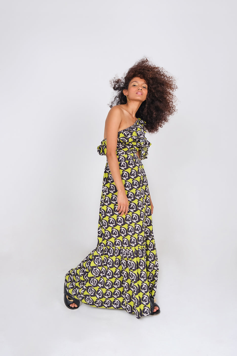 Benin Dress - Black Lime Mini Roses
