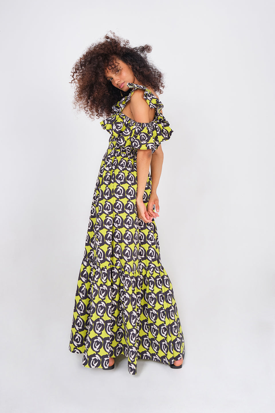 Benin Dress - Black Lime Mini Roses