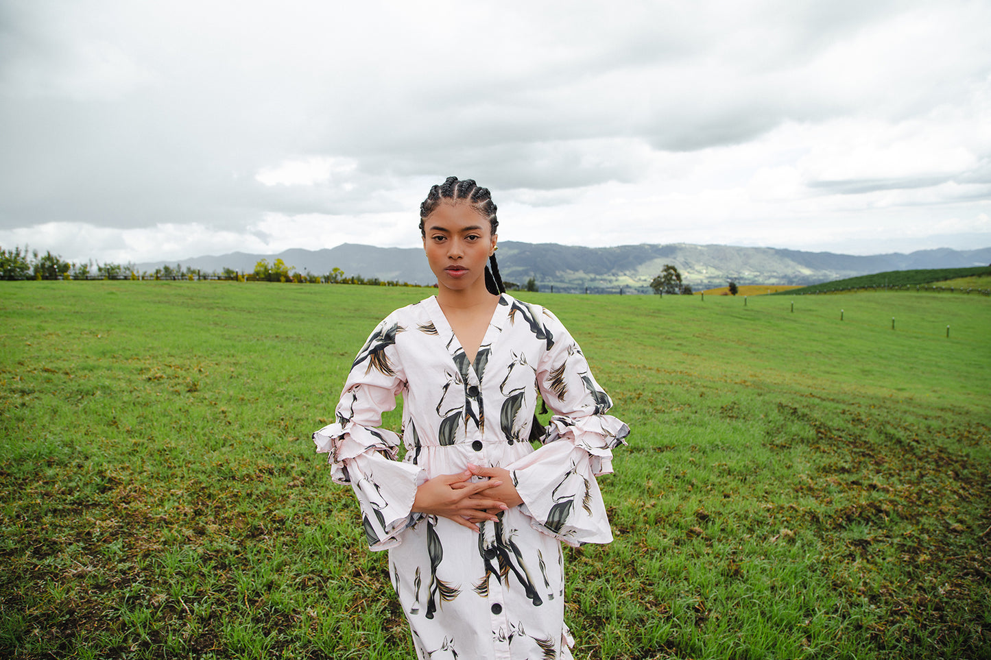 Gaucho Ruffle-Sleeve Poplin Maxi Shirt Dress – Horse Print