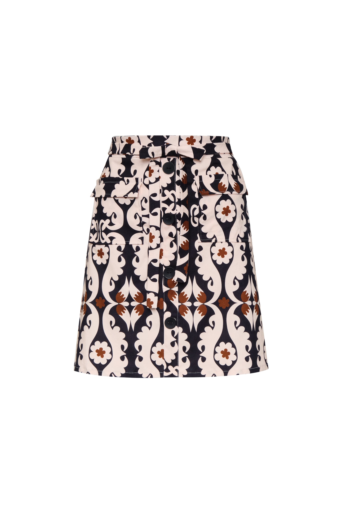 Model wearing paisley button-front mini skirt