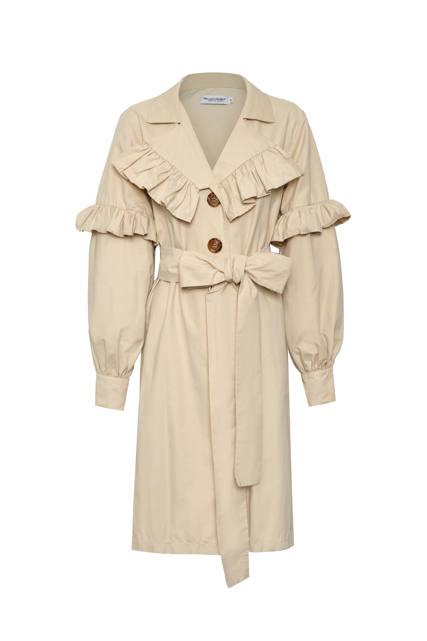 women’s ruffle trench coat with belt and volant details