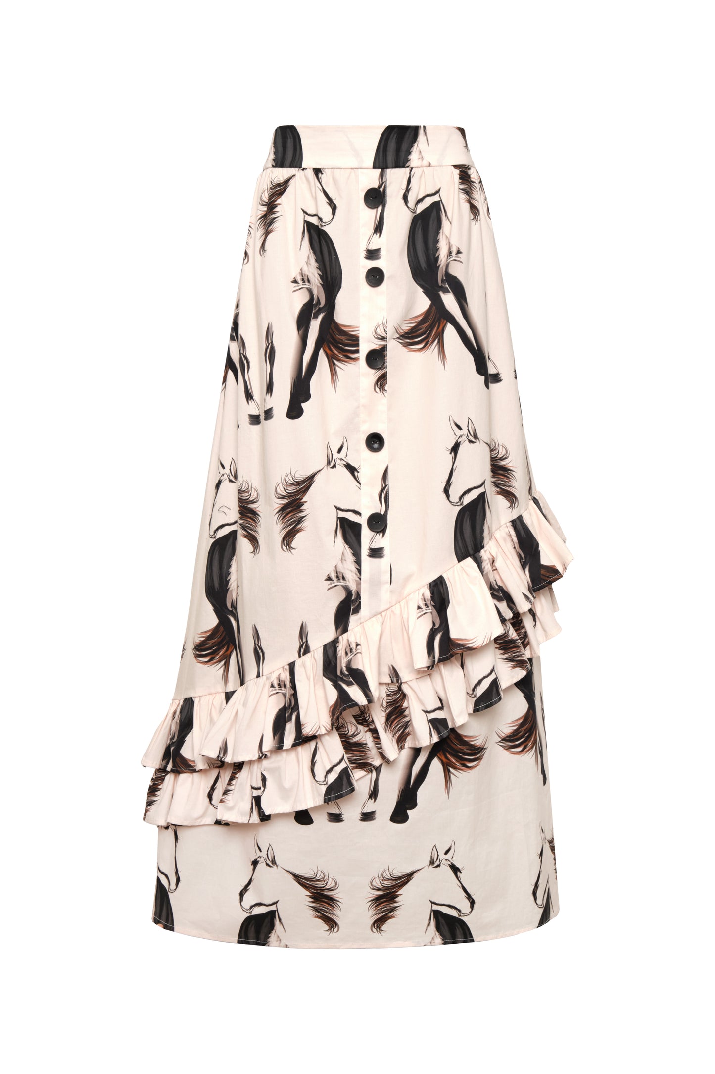 Model wearing asymmetrical ruffle maxi skirt with beige horse print