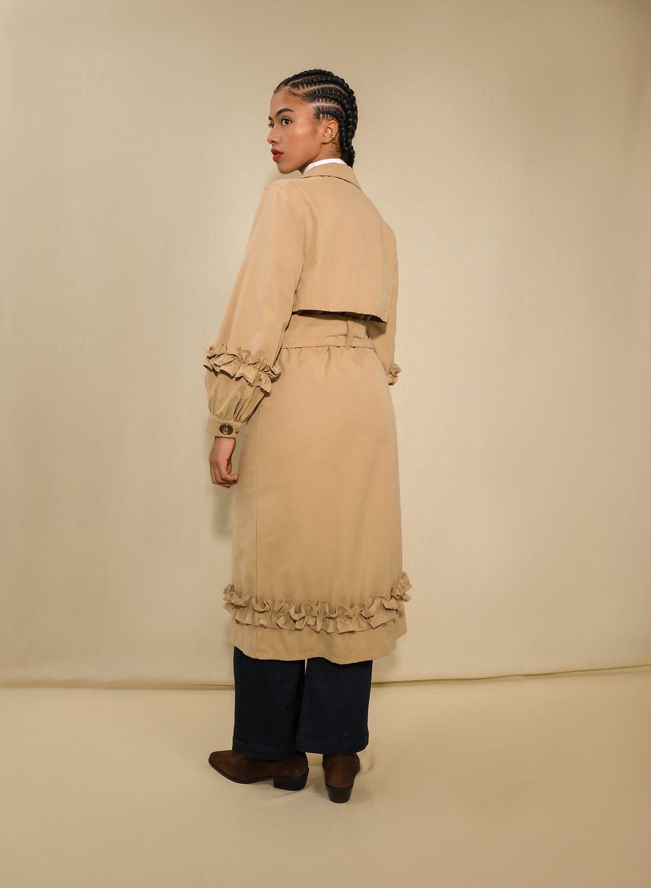 Women’s longline technical trench coat with ruched sleeves and belt