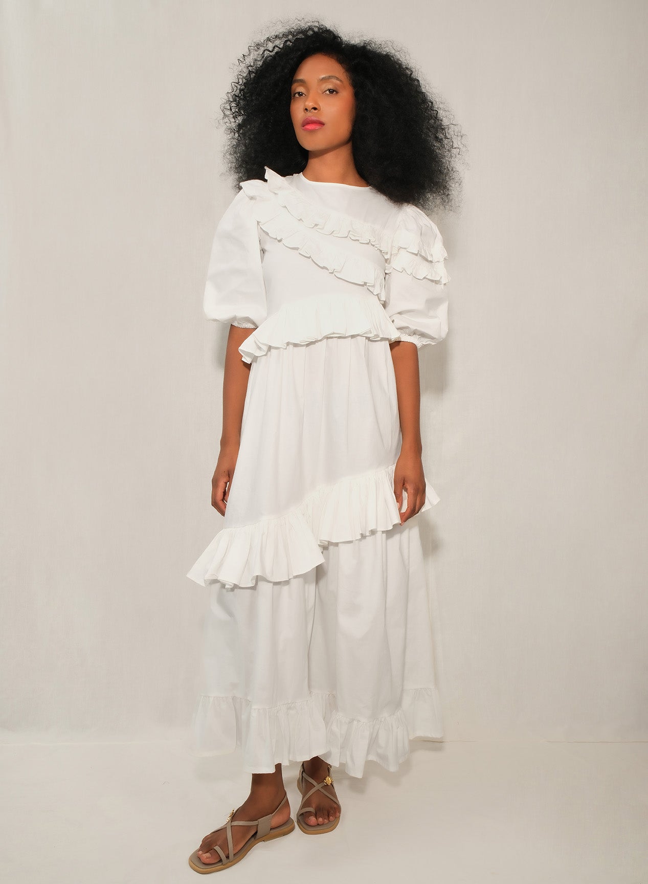 Off White Ruffle Tiered Poplin Dress with Puff Sleeves