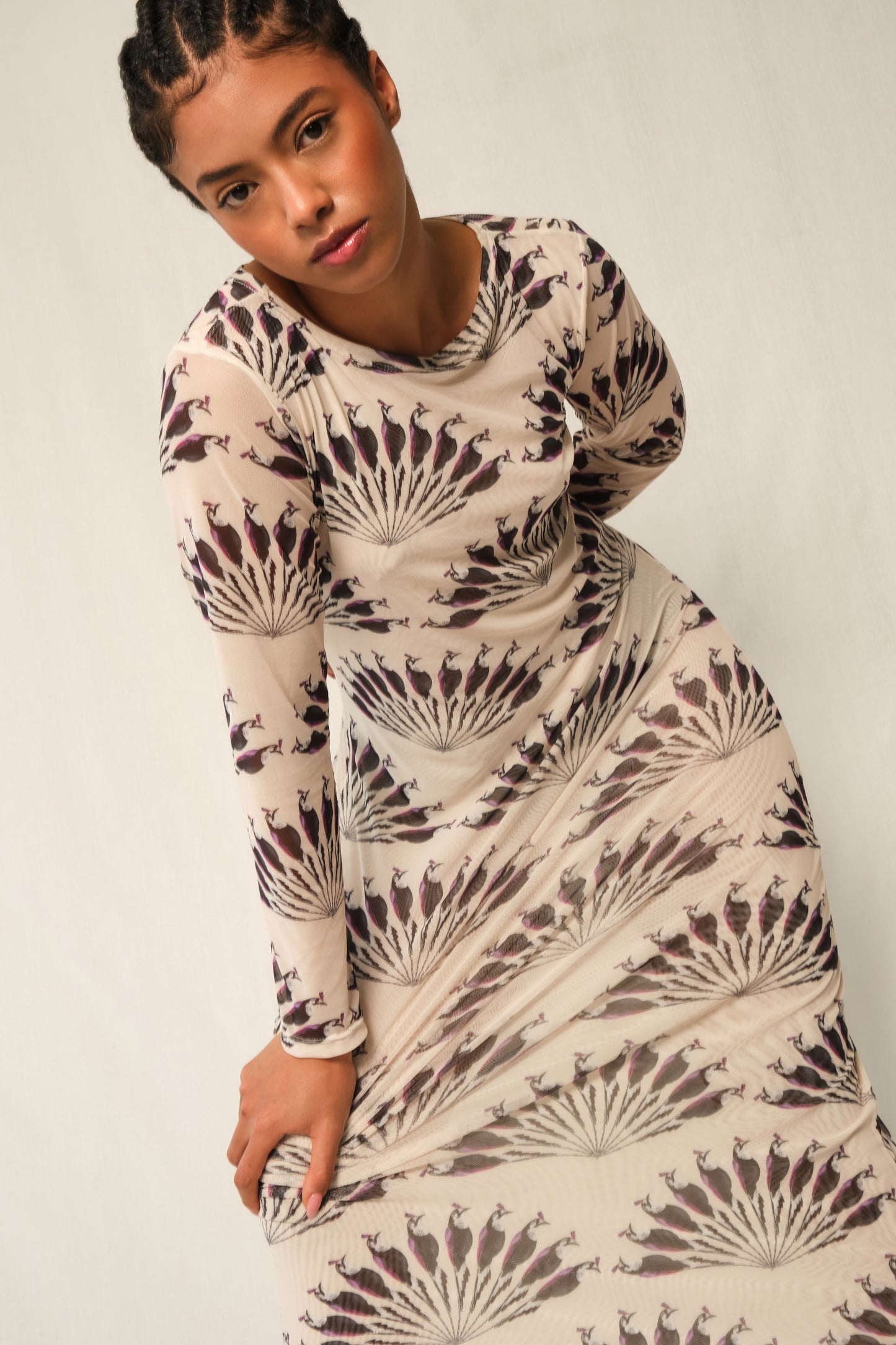Model wearing long-sleeve mesh column maxi dress