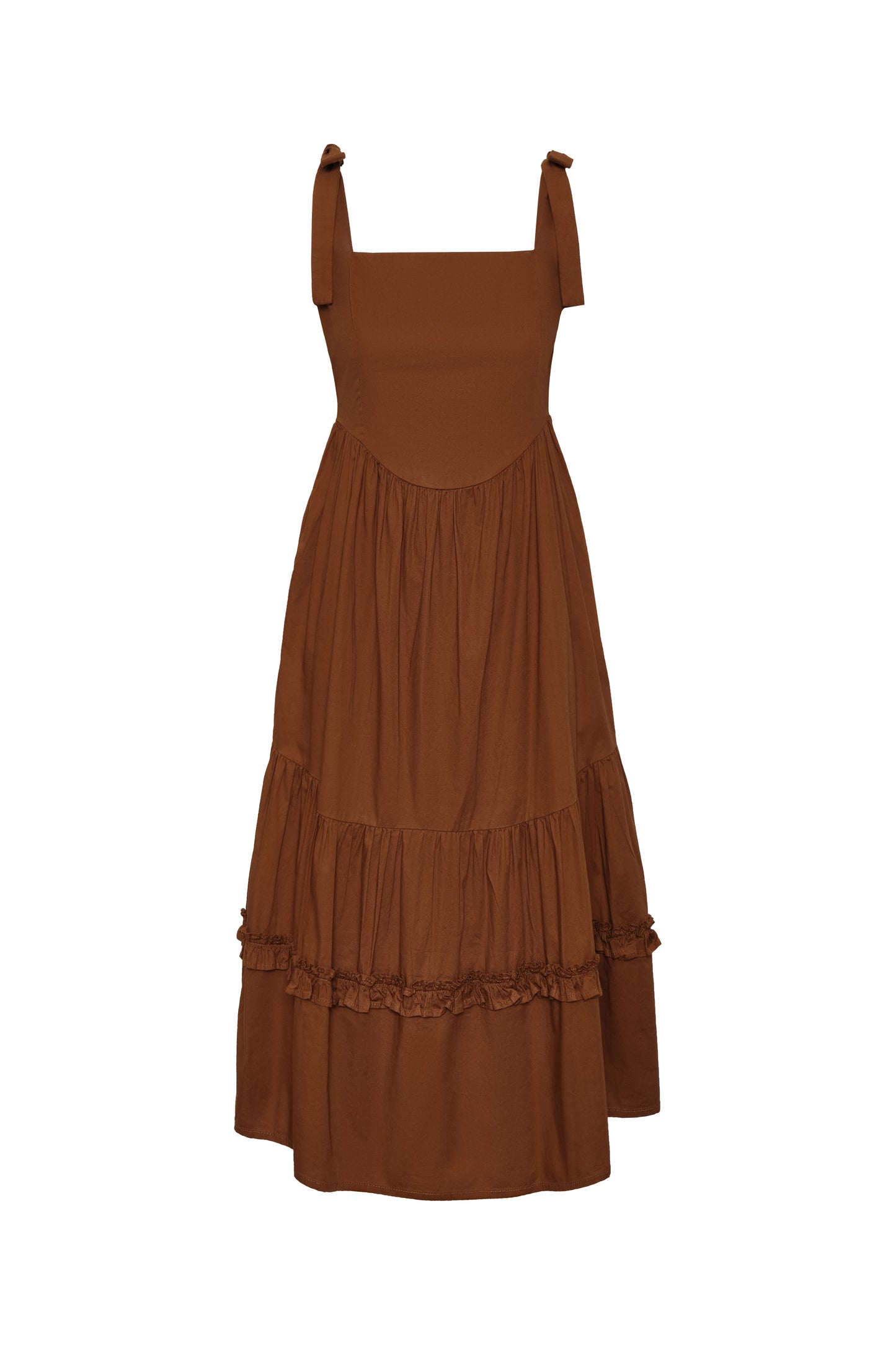 fit-and-flare poplin midi dress with corset bodice, adjustable ties, and tiered ruffle skirt.