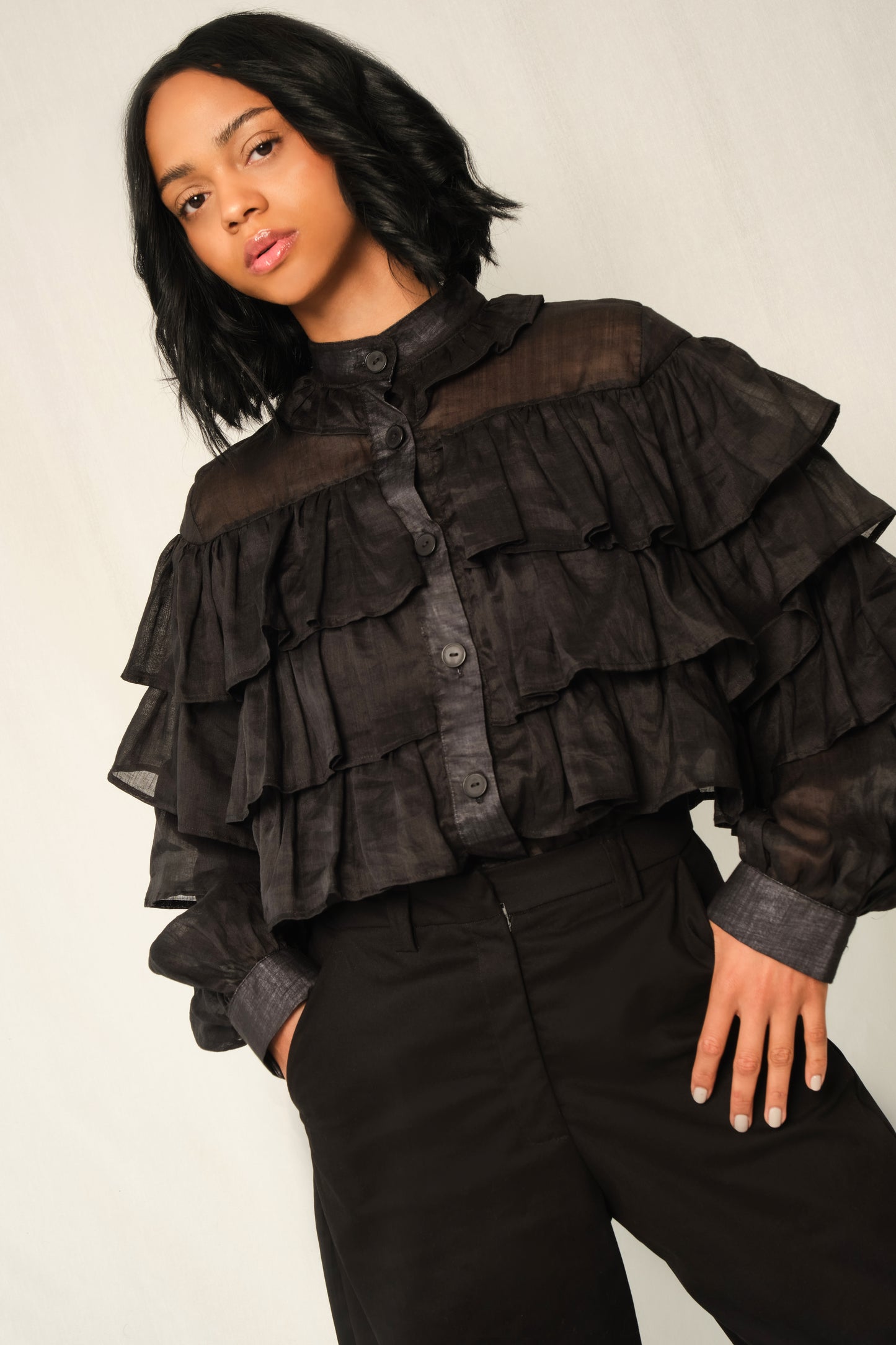 Black lightweight linen ruffle blouse with button front, tiered ruffles, and balloon sleeves.