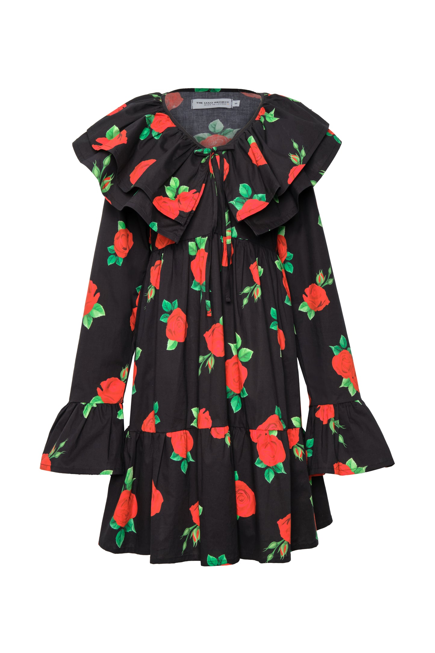 Mini dress with red floral pattern on a white background