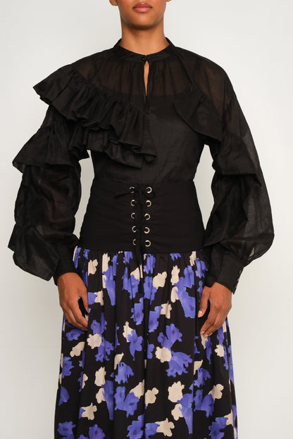 Chaos Petal High-Neck Ruffle Blouse – Lightweight Black Linen