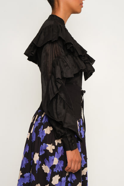 Chaos Petal High-Neck Ruffle Blouse – Lightweight Black Linen