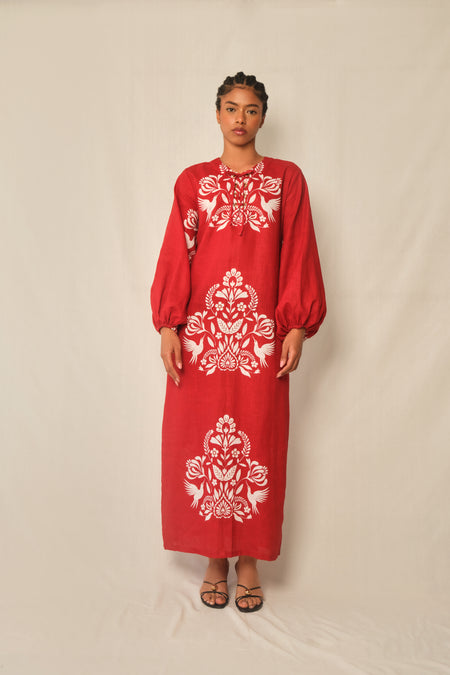The Code Column Dress in Cotton Linen – Folk Print Red