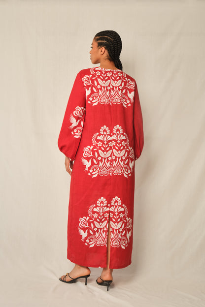 The Code Column Dress in Cotton Linen – Folk Print Red