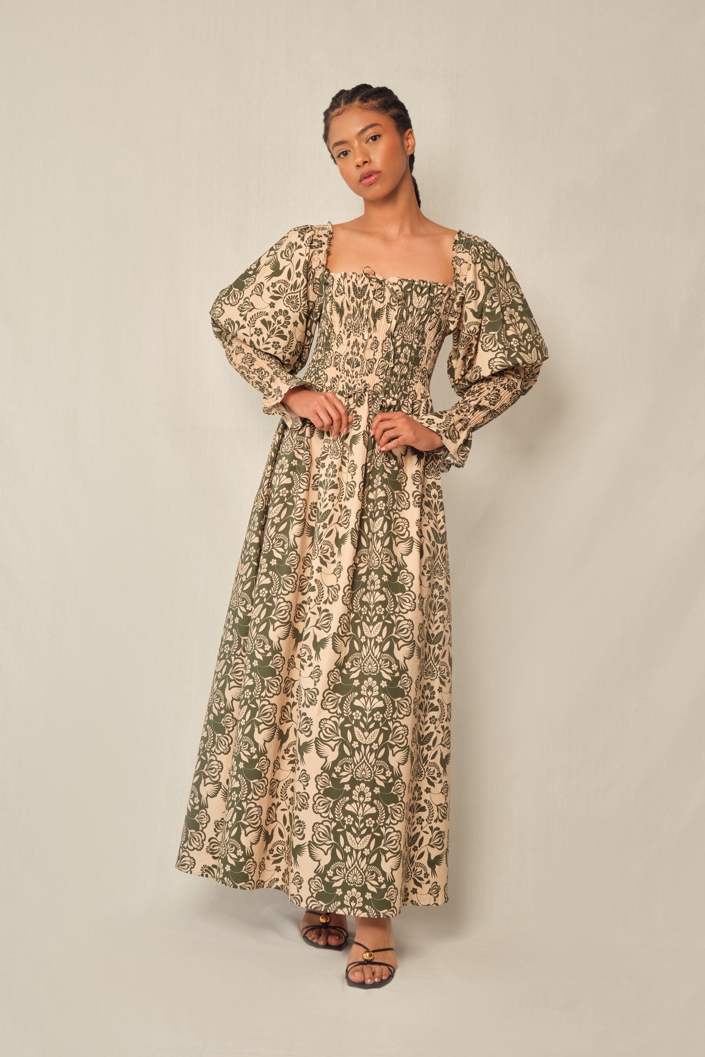 The Honor Dress - Green Folk Paisley