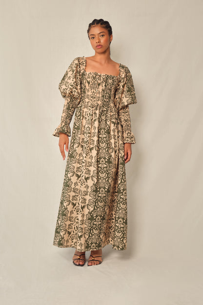 The Honor Dress - Green Folk Paisley