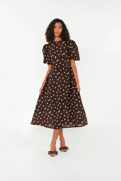 Vestido Midi Dawn de Lino con Estampado de Lunares Marrones