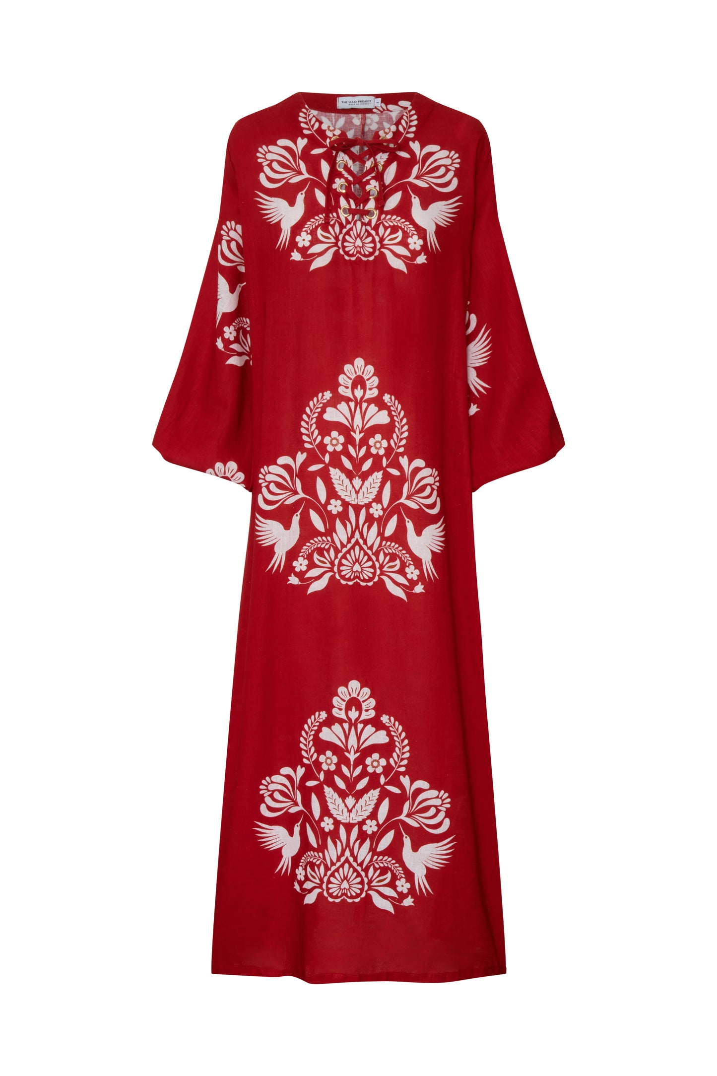 The Code Column Dress in Cotton Linen – Folk Print Red