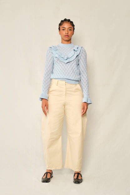 Quiet Storm Sweater – Light-Blue Pointelle Ruffle Knit