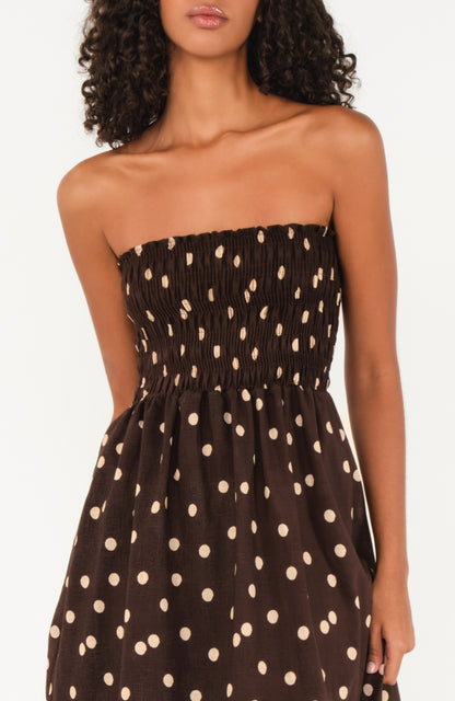 The Drift Strapless Dress in Brown Polka Dot Linen The Drift Strapless Dress in Brown Polka Dot Linen