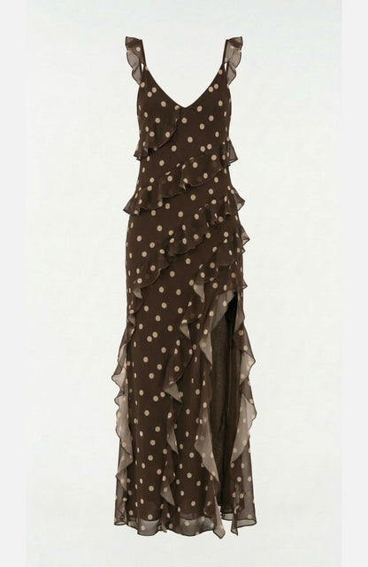 Vestido Cascada en Gasa Estampado de Lunares Marrones