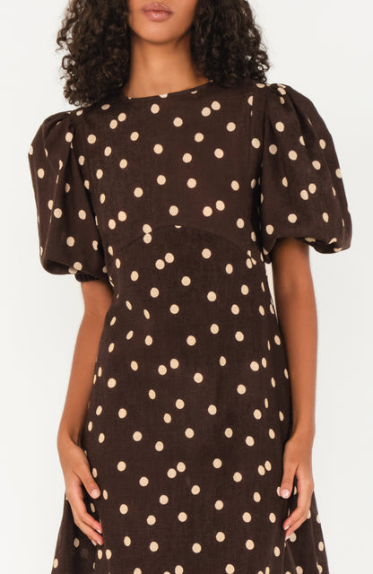 Vestido Midi Dawn de Lino con Estampado de Lunares Marrones
