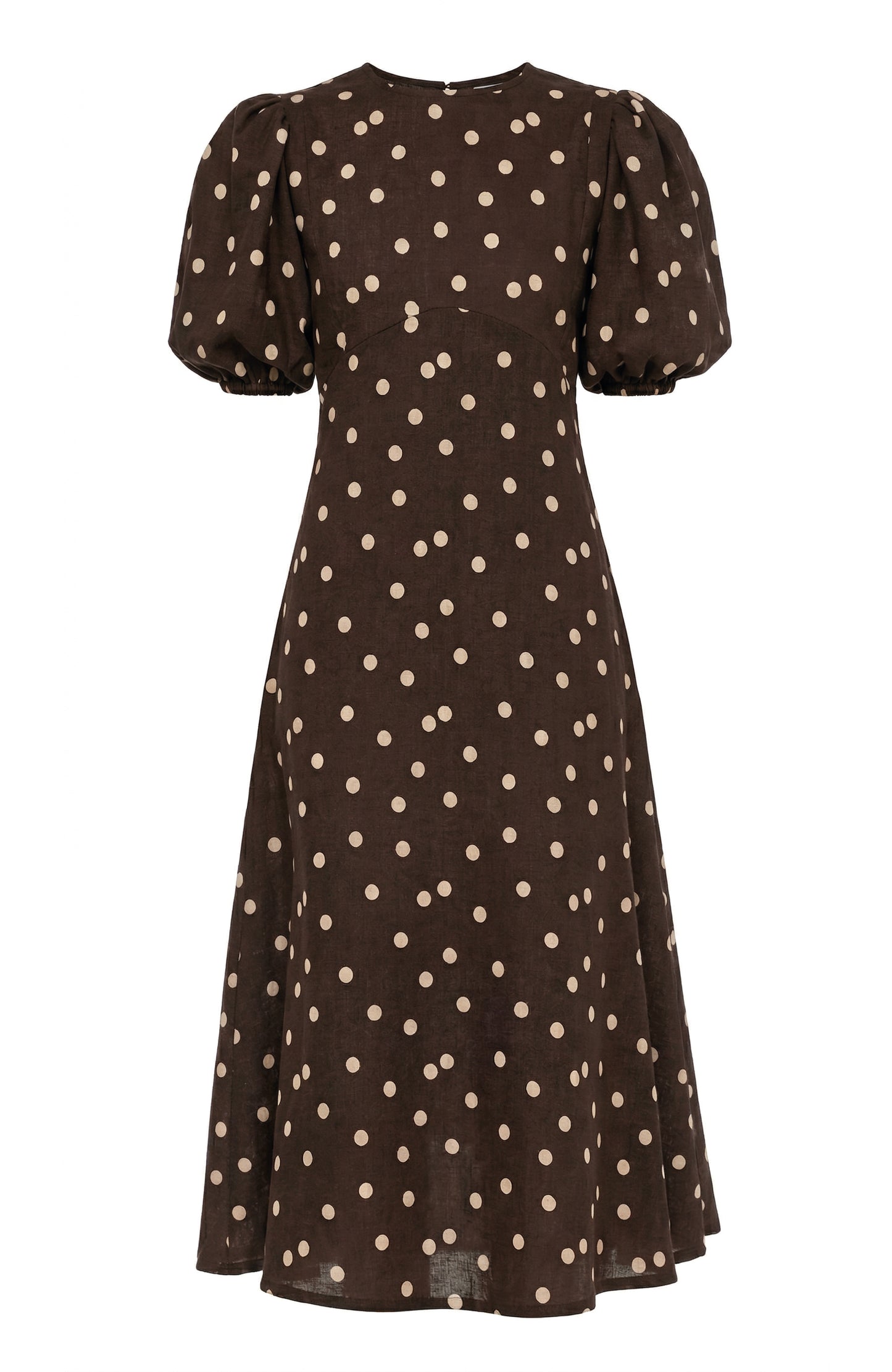 Vestido Midi Dawn de Lino con Estampado de Lunares Marrones