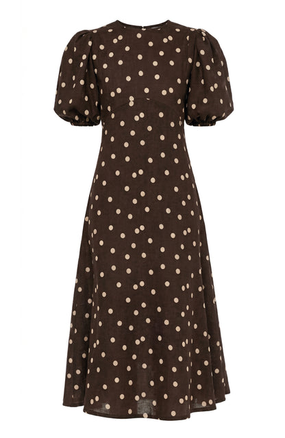 Vestido Midi Dawn de Lino con Estampado de Lunares Marrones