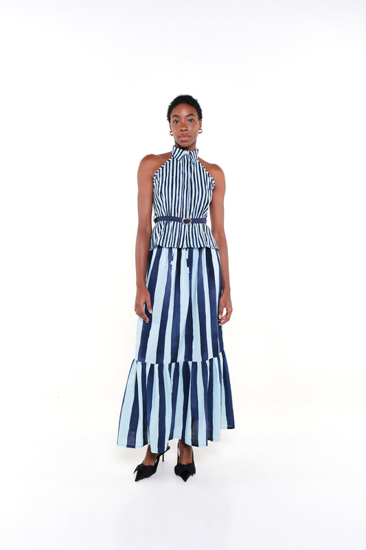 model wearing a maxi stripe skirt 