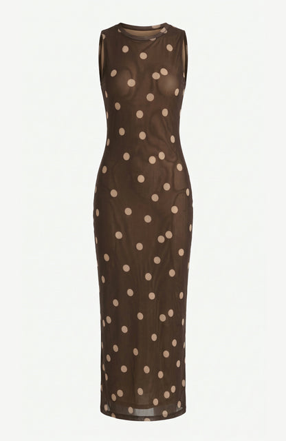 Vestido Salty de malla con estampado de lunares marrones