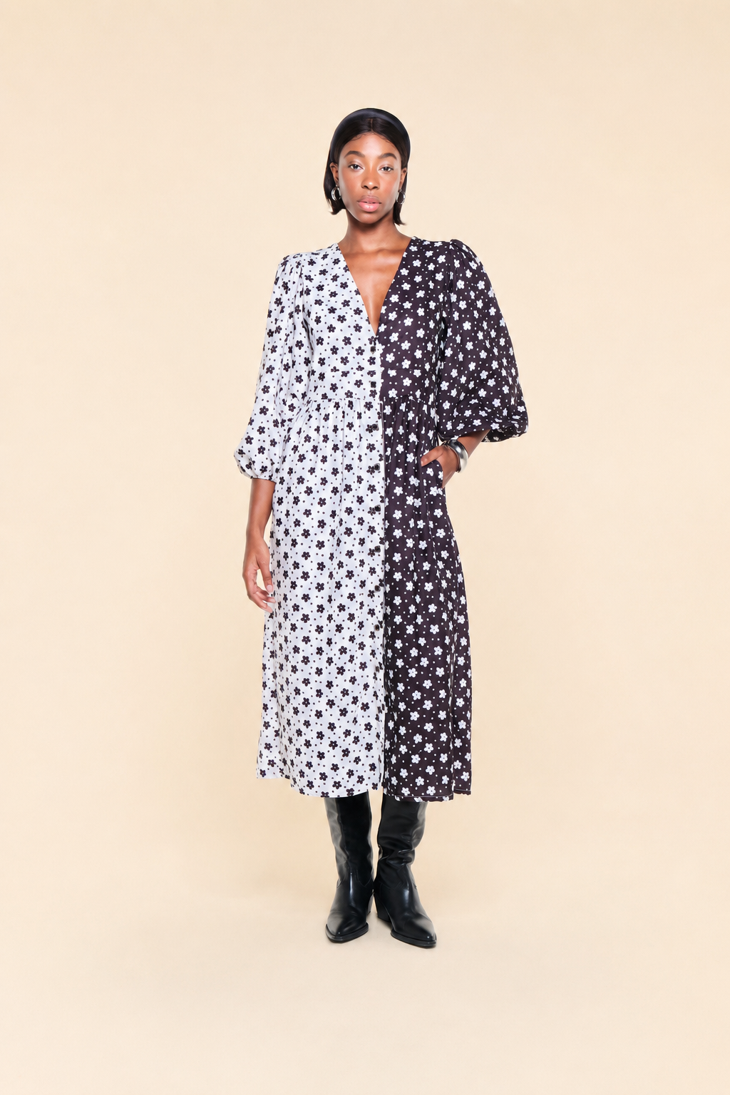 CONTENTA DRESS – BLACK &amp; WHITE BICOLOR PRINT