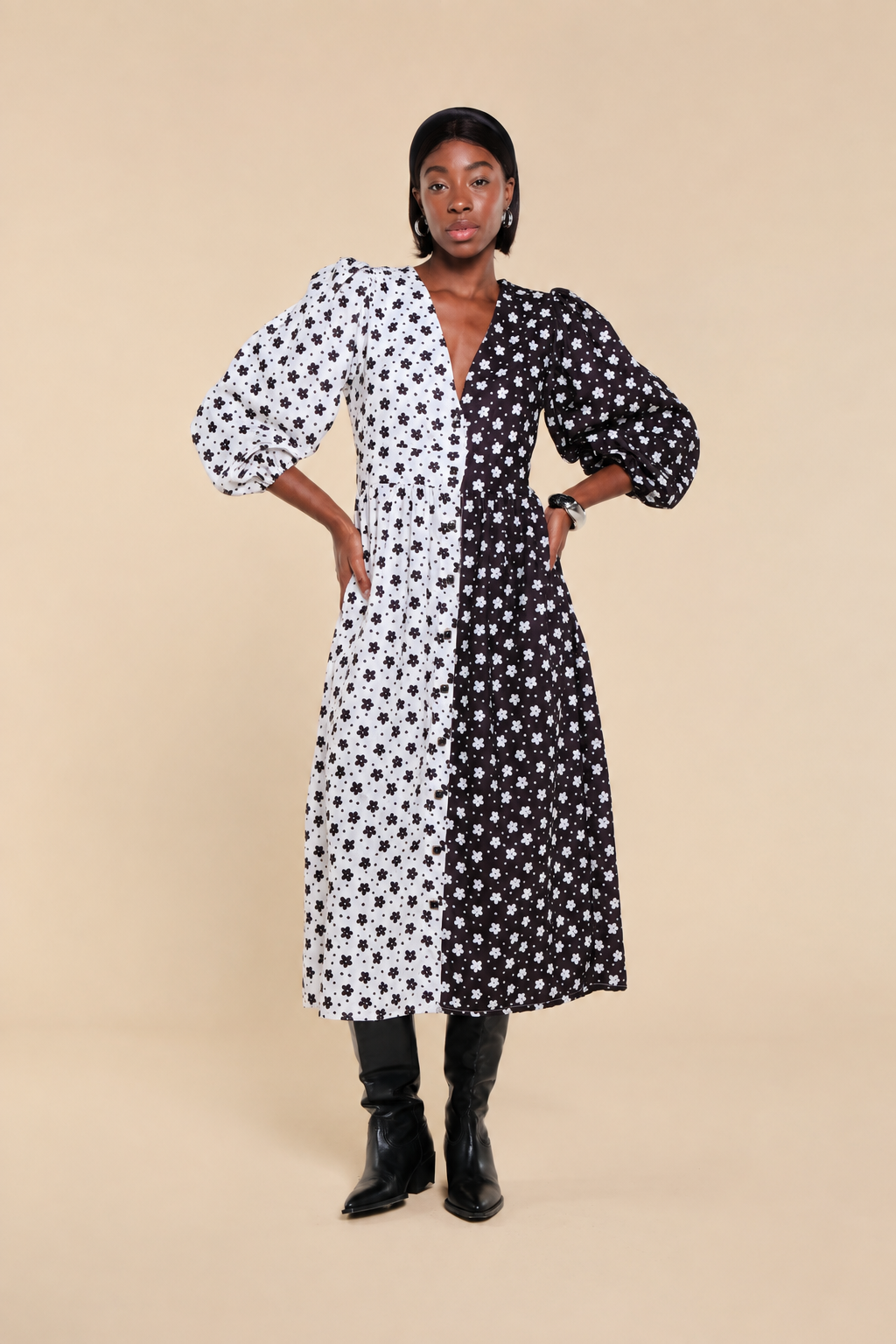 CONTENTA DRESS – BLACK &amp; WHITE BICOLOR PRINT