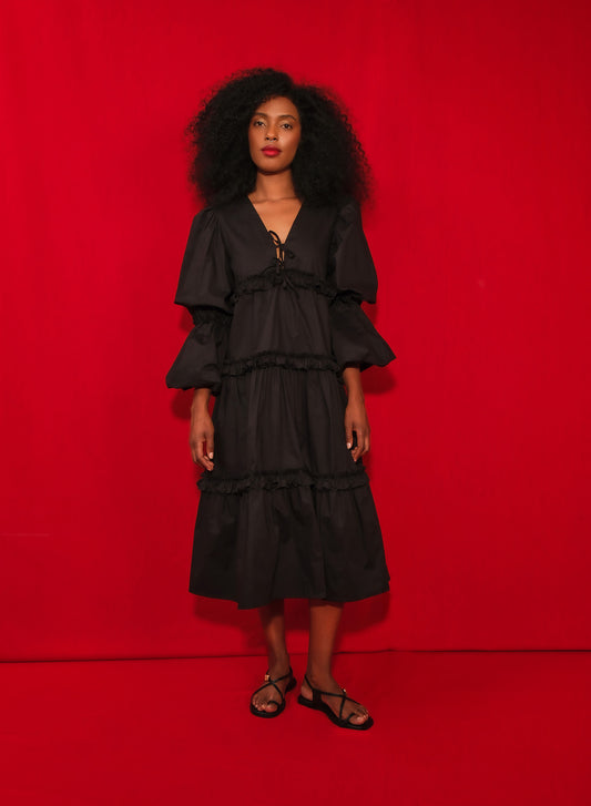 Model wearing long sleve poplin midi dress