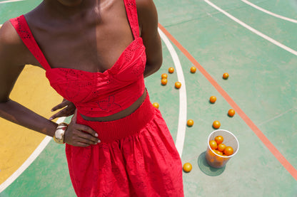 The Bustier Top in Red Bird Eyelet Cotton