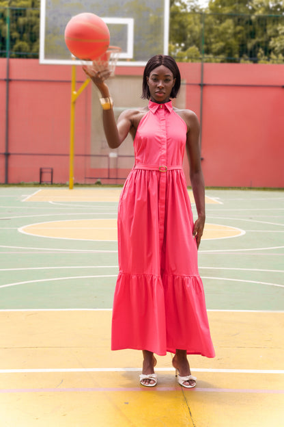 El vestido maxi con cuello halter Horizon de popelina rosa