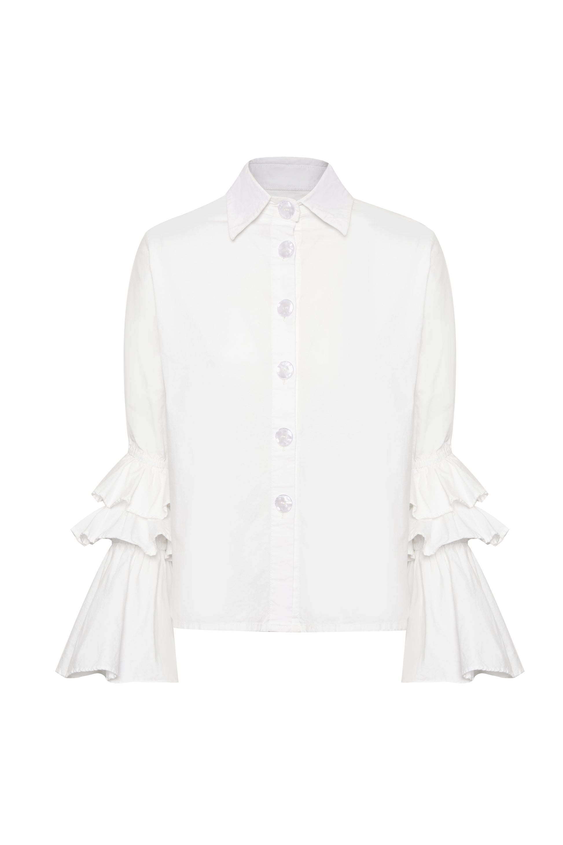  white poplin shirt with tiered ruffle sleeves and button front.