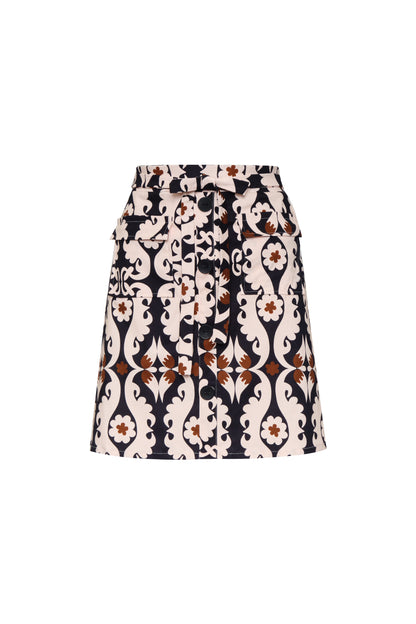 Model wearing paisley button-front mini skirt